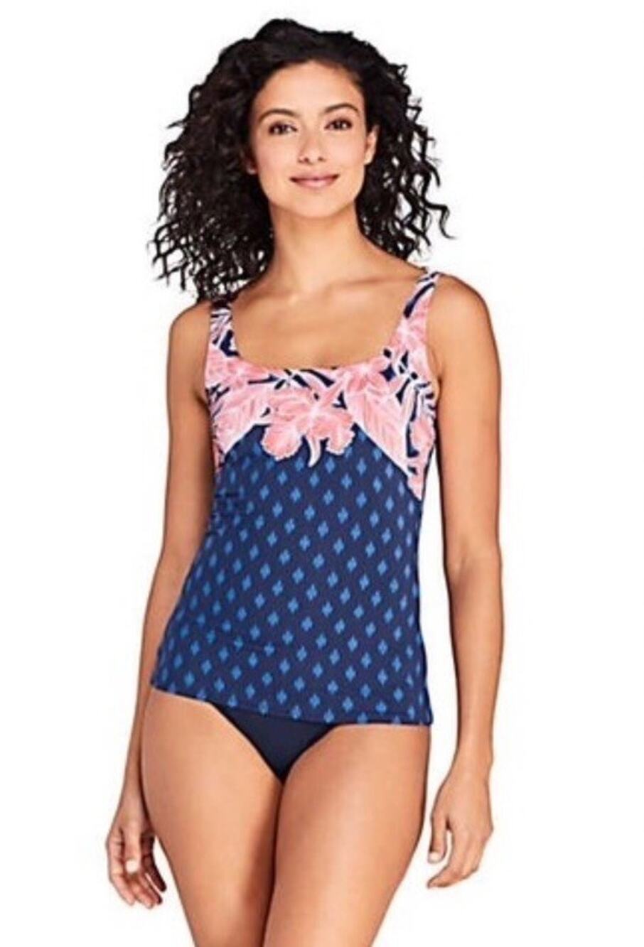 Lands' End UPF 50 Squareneck Underwire Tankini Swim Top Tropical Print Size 8D